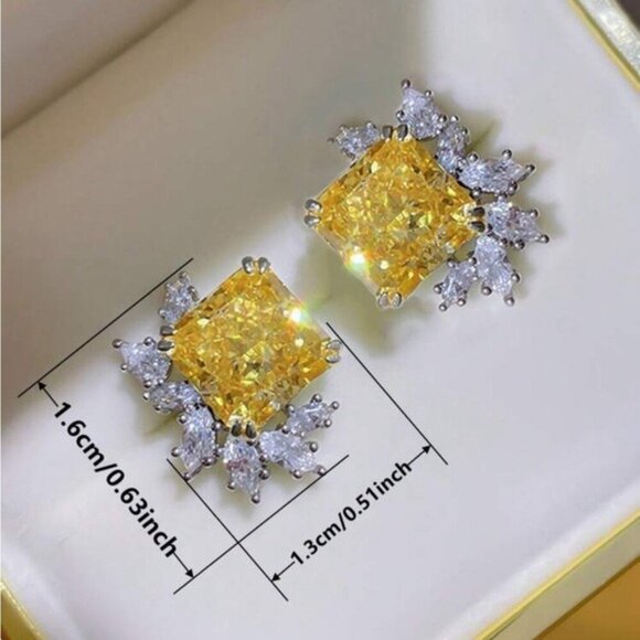 Yellow Radiant Cut Crystal Stud Earrings W/ CZ Halo 1.6cm X 1.3cm Elegant Square - Picture 3 of 4